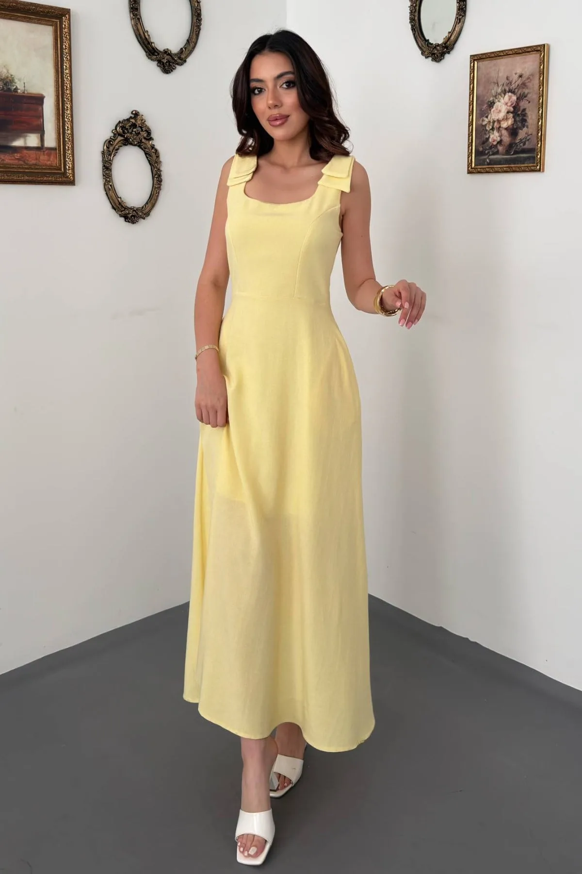Sarı Omuzları Fiyonklu Elbise - Sarı