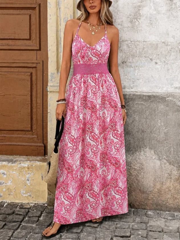 Kadın Ip Askılı Beli Ve Sırtı Dantelli Leopar Desenli Uzun Süprem Elbise, 36365 - Pembe