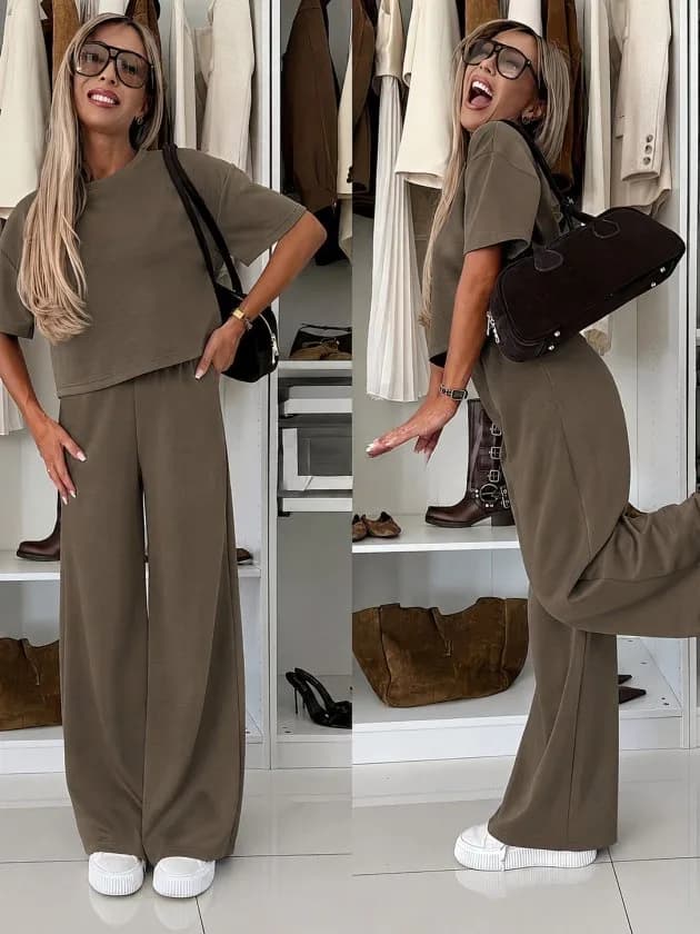 Kadın Kısa Kollu Bisiklet Yakalı Modal Bluz Ve Pantolon Ikili Takım, 36374 - Sütlü Kahve
