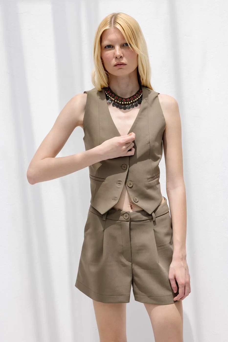 Pleated Mini Shorts - Khaki