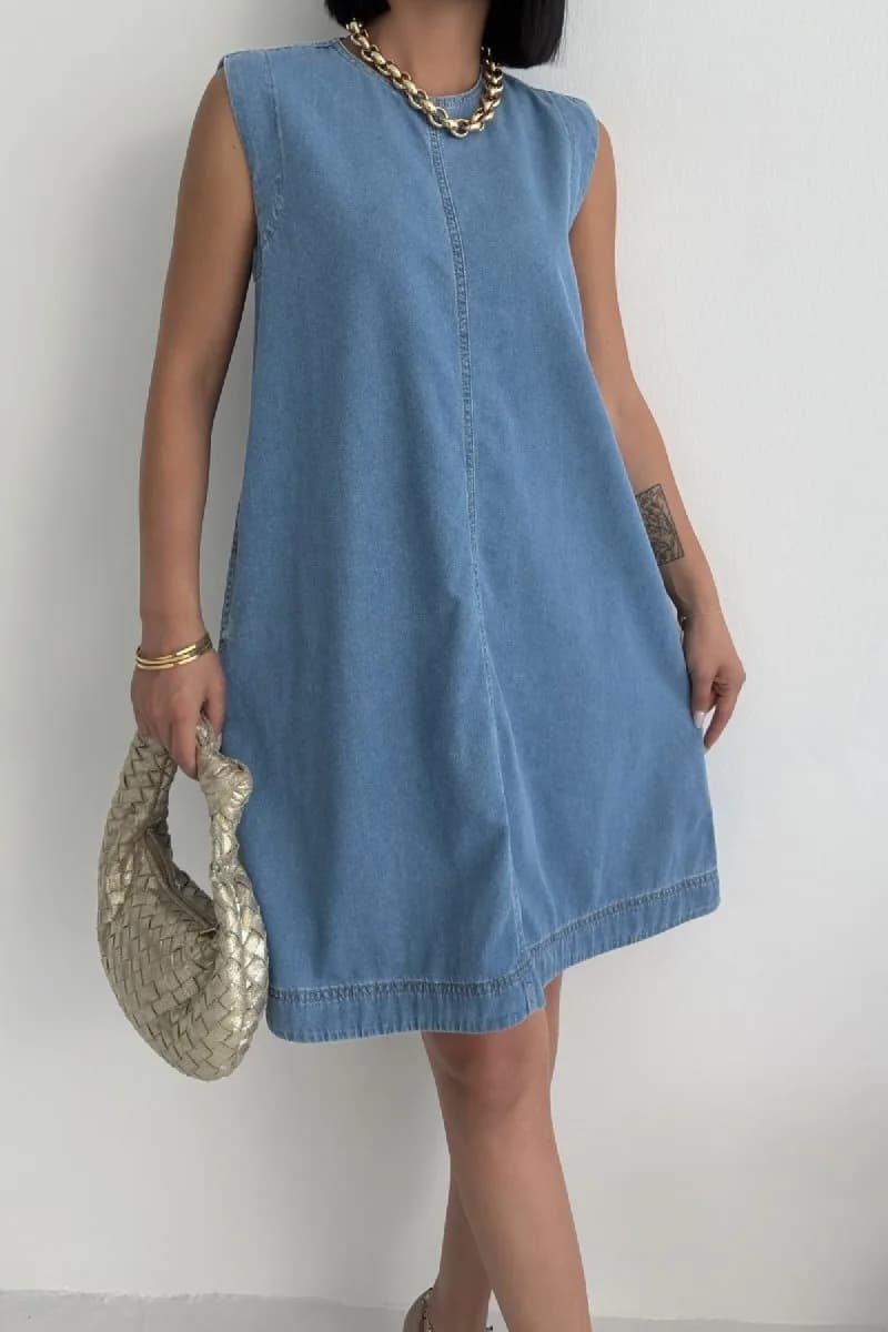 Kolsuz Cepli Oversize Elbise 3043 - Orta Mavi