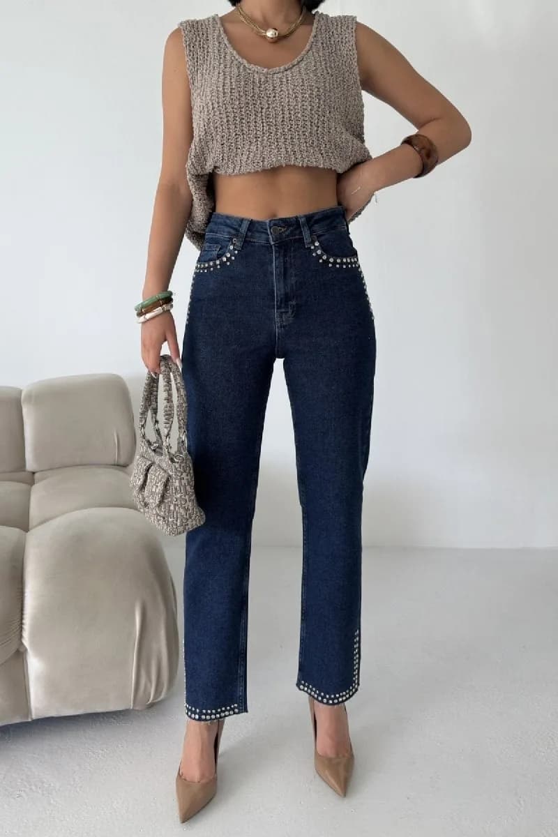 Taşlı Mom Fit Kot Pantolon 7023 - Düz Koyu Rins