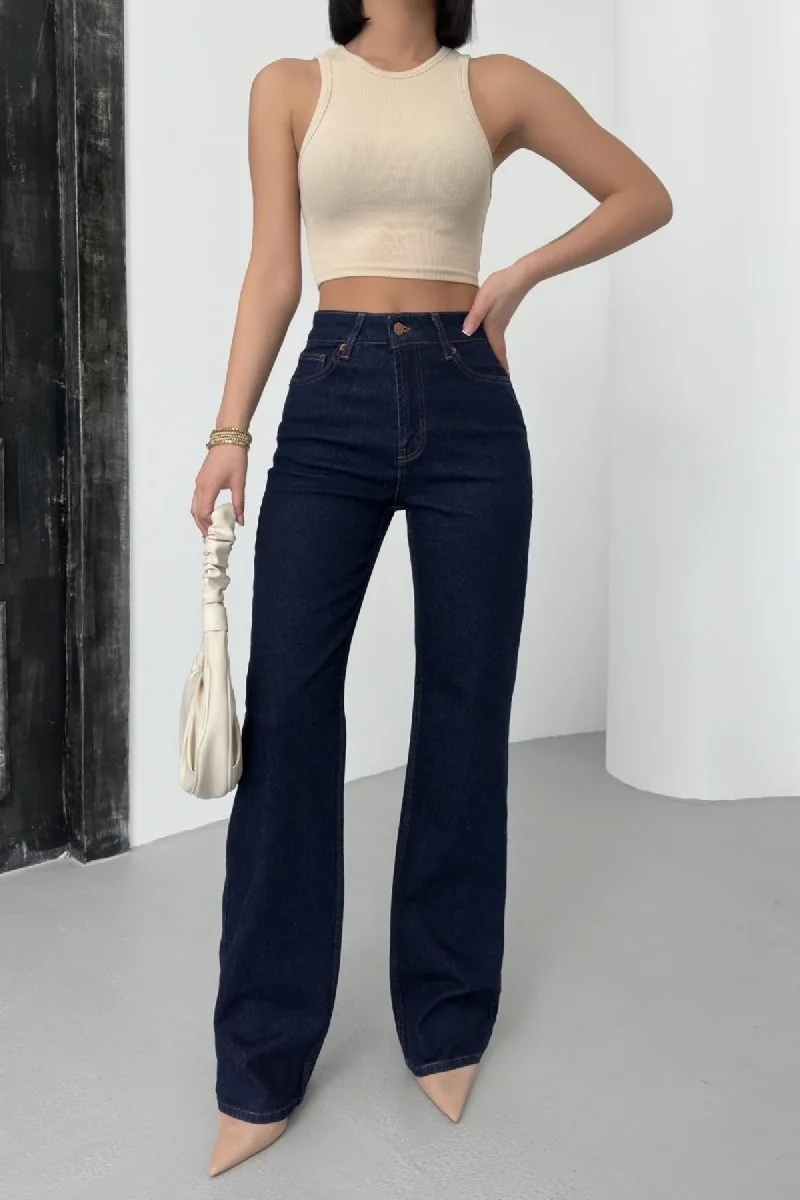 Yüksel Bel Straight Kot Pantolon 7033 - Slaplı Lacivert