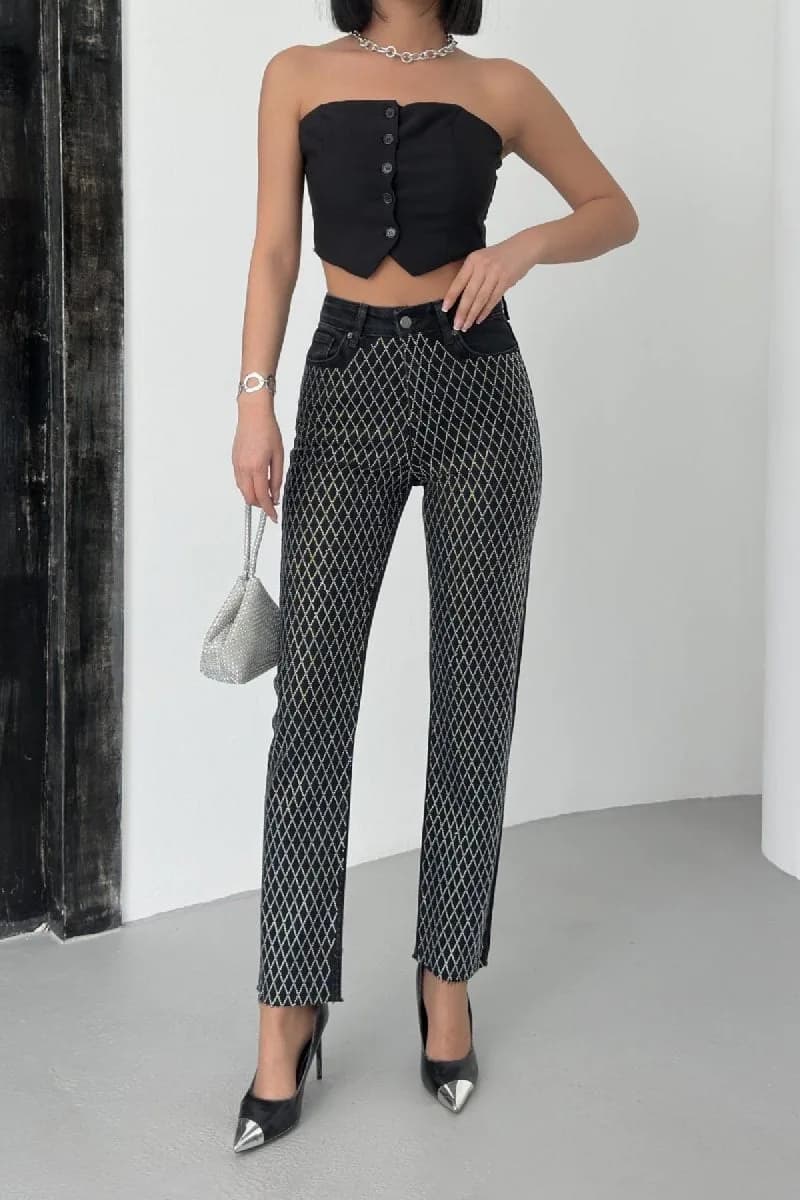Taşlı Mom Fit Kot Pantolon 7092 - Düz Antrasit