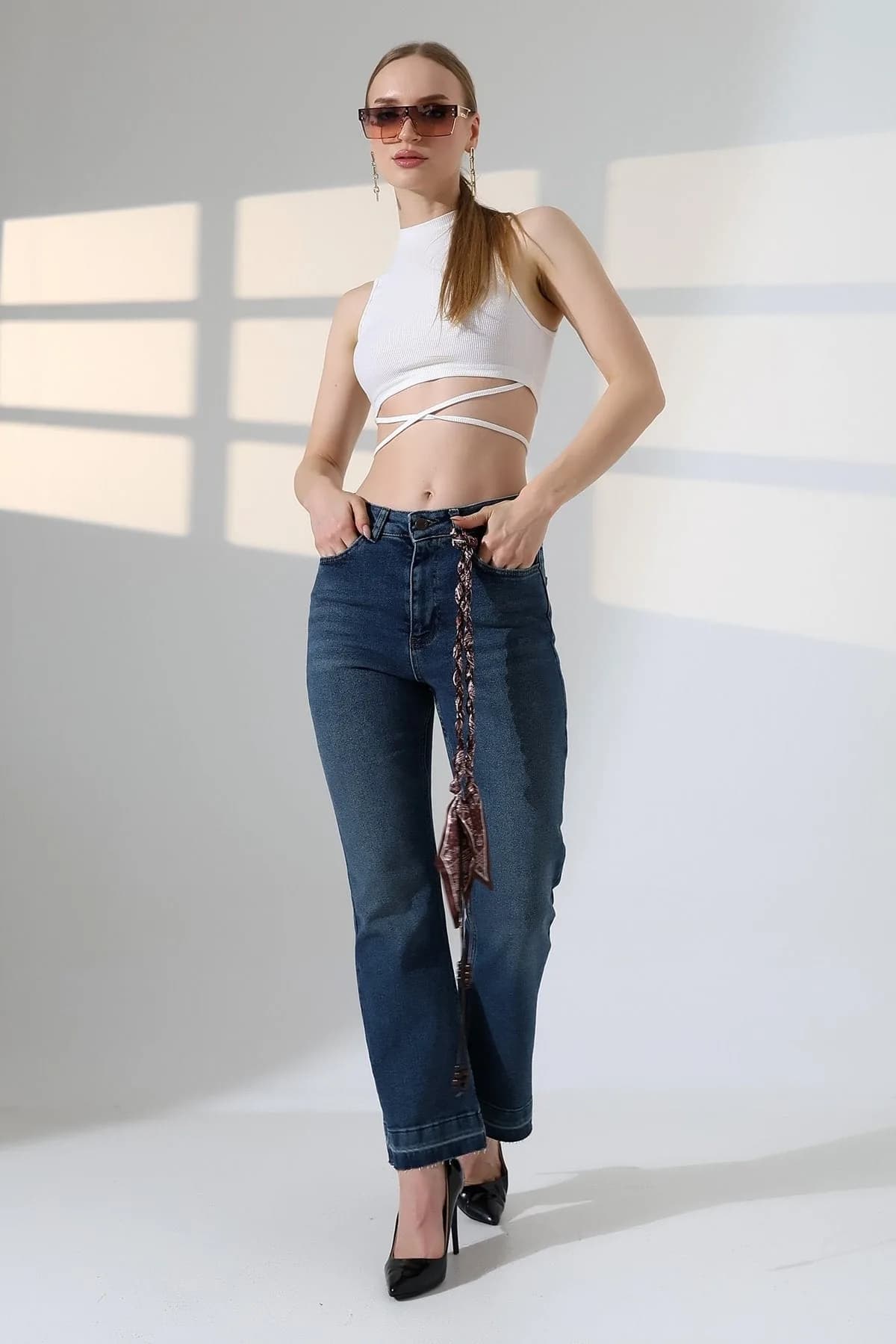 Flare Kot Pantolon 7104 - Koyu Mavi Kot