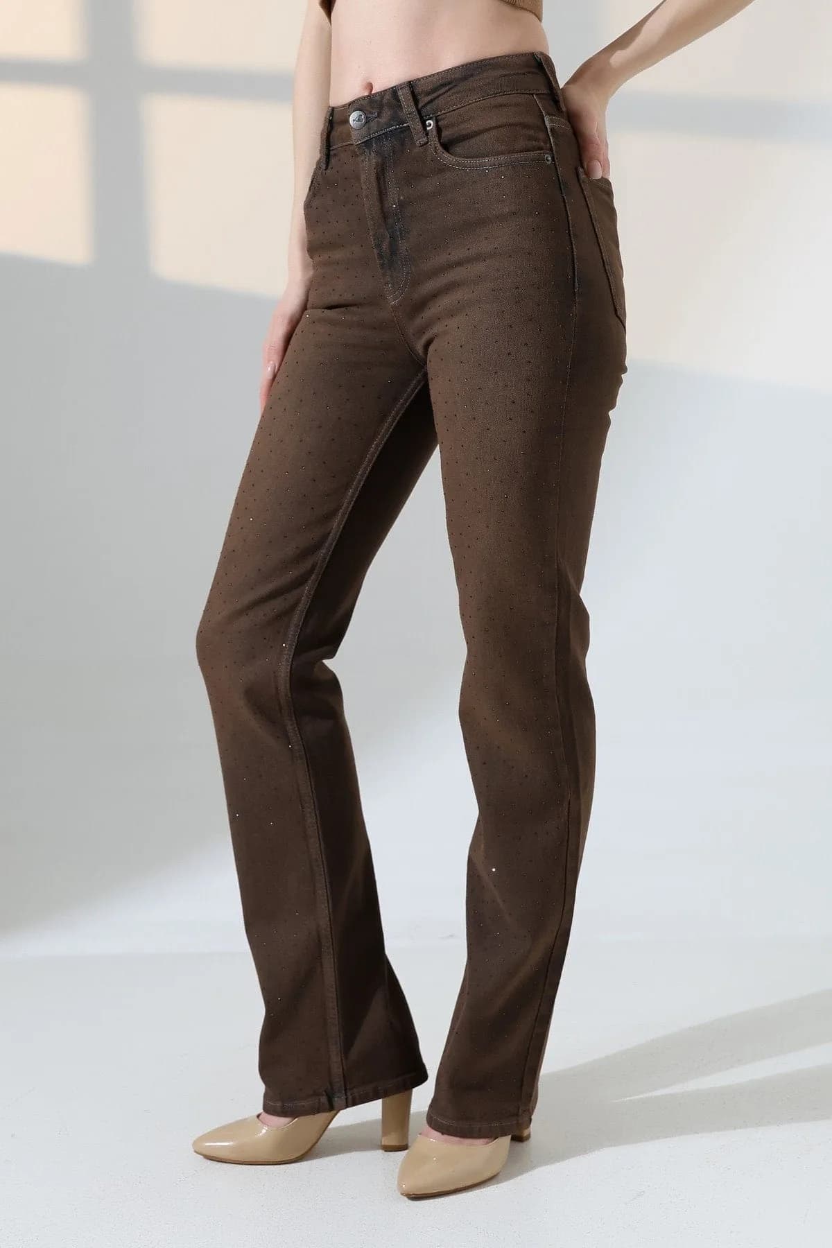 Serpme Taşlı Relax Kot Pantolon 7190 - Antik Kahve