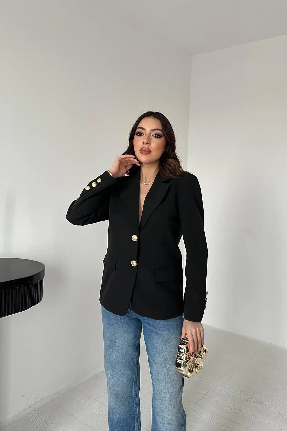 Siyah Gold Düğmeli Blazer Ceket - Siyah