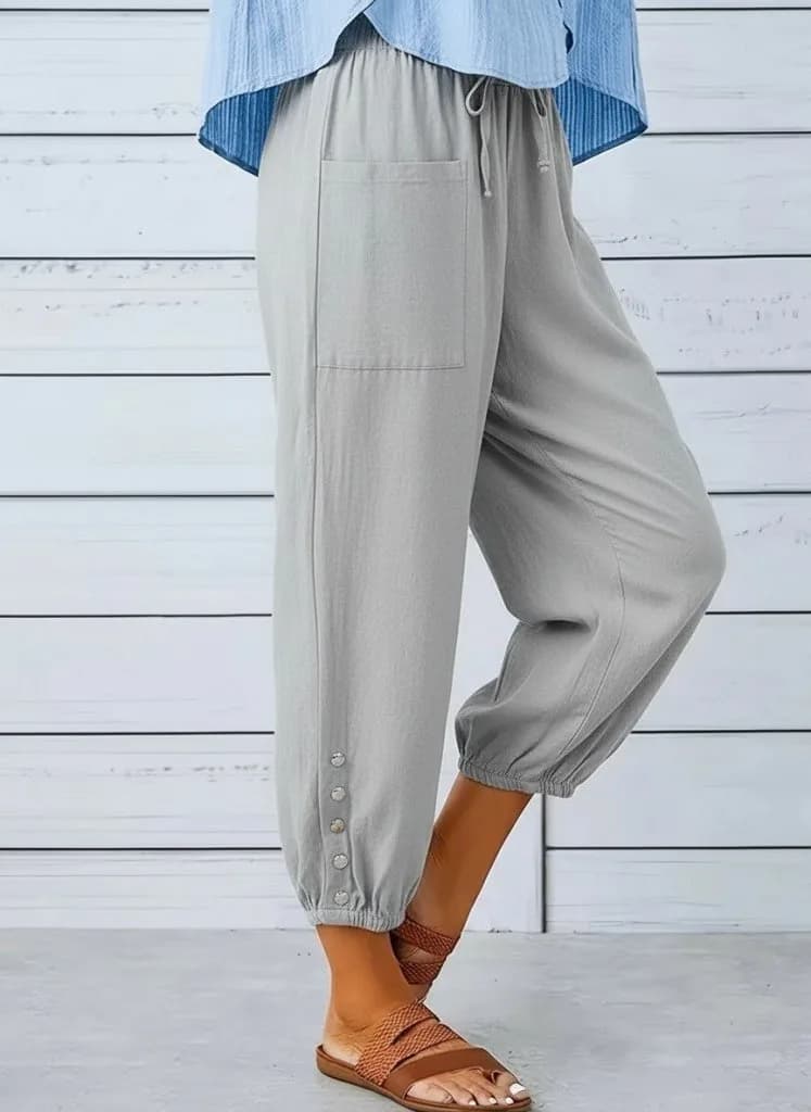 Kadın Beli Lastikli Bağcıklı Düğme Detaylı Pantolon , 36567 - Gri