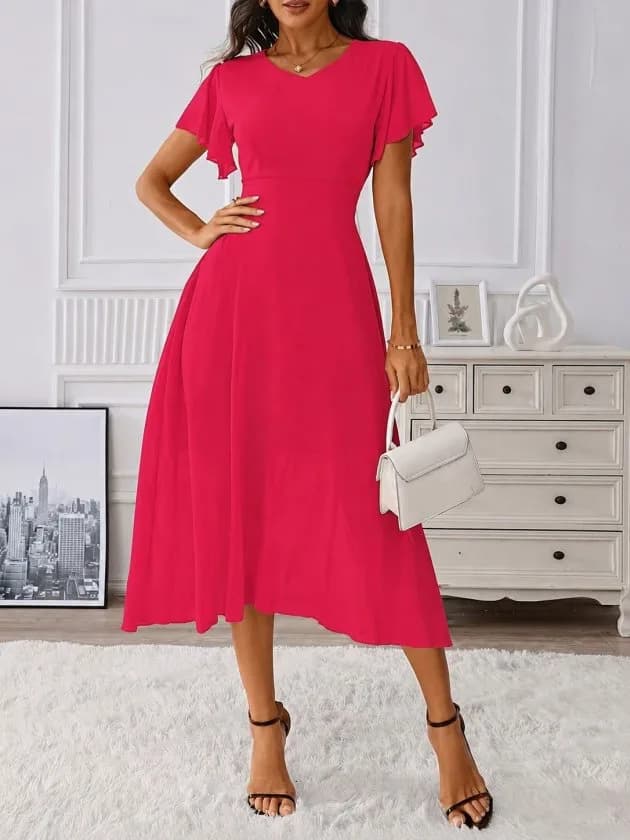 Kadın Kısa Kollu V Yakalı Midi Astarlı şifon Elbise, 36589 - Pembe