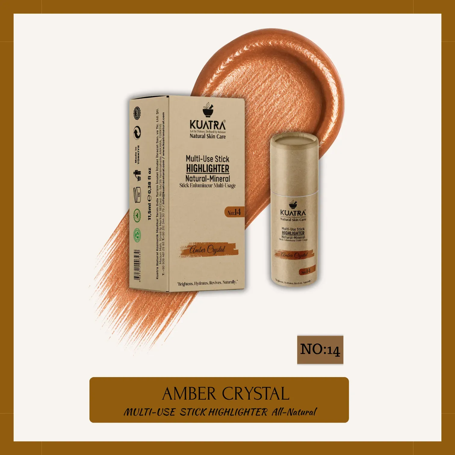 Kuatra Amber Crystal – Doğal Bakır Işıltı Highlighter Stick | Nemlendirici & Antioksidan | Plastiksiz Ambalaj