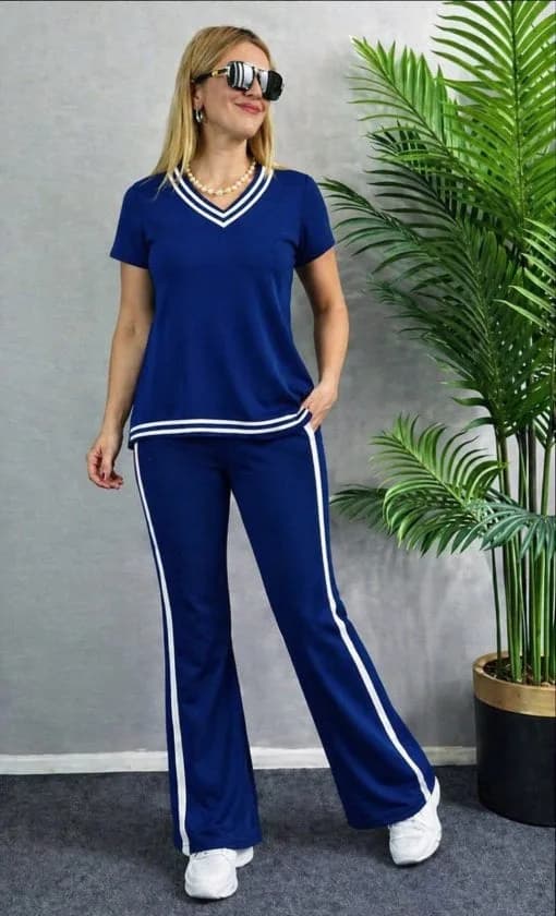 Kadın Kısa Kollu V Yakalı Viskon Iki Iplik Bluz Ve Pantolon Ikili Takım , 36669 - Saks Mavi