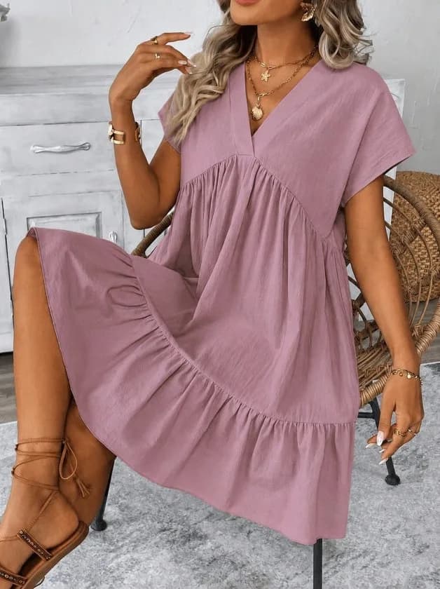 Kadın Kısa Kollu V Yakalı Fırfırlı Kısa Elbise, 36687 - Pembe