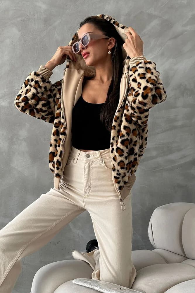 Leopar Bakılı Peluj Toptan Mont - KOYU TAŞ LEOPAR