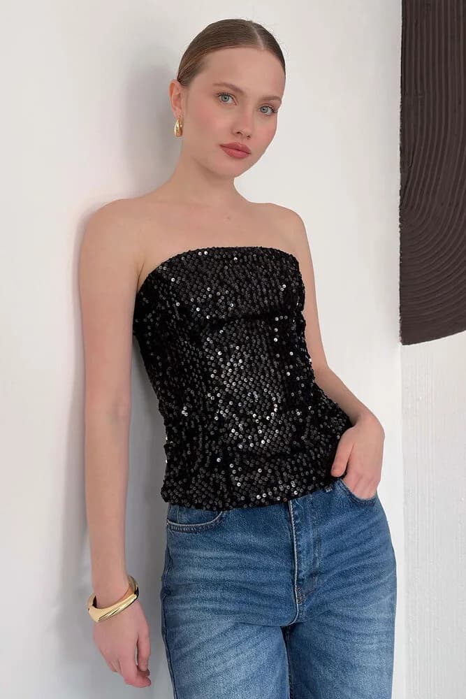 Topshow Arkadan Fermuarlı Straplez Bluz