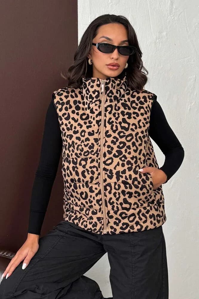 Topshow Vizon Siyah Leopar Desenli Kapitone Yelek