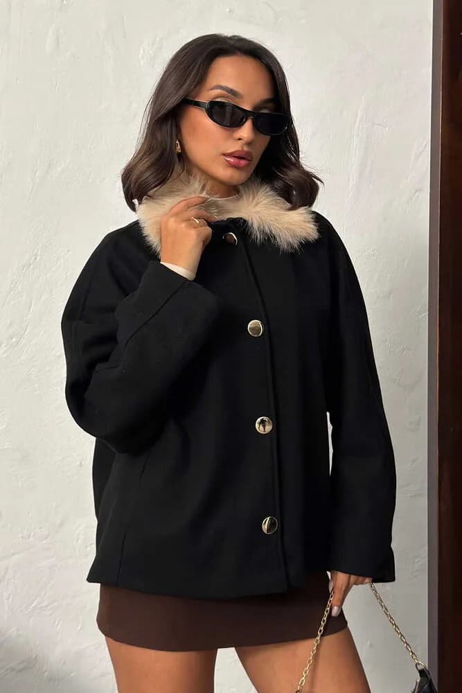 Topshow Peluş Yakalı Dügmeli Kaşe Mont