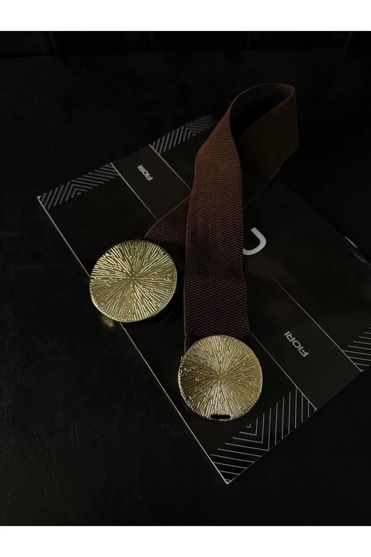 Gold Tokalı Geçmeli Elastik Kadın Kemeri, Ceket Kemeri, Gömlek Kemeri, Elbise Kemeri - Kahverengi