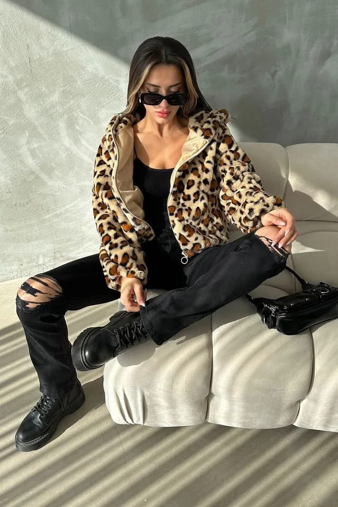 Leopar Bakılı Peluj Toptan Mont - KOYU TAŞ LEOPAR