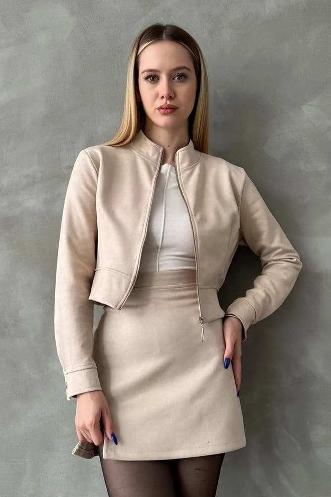 TOPSHOW Taş Süet Crop Toptan Mont